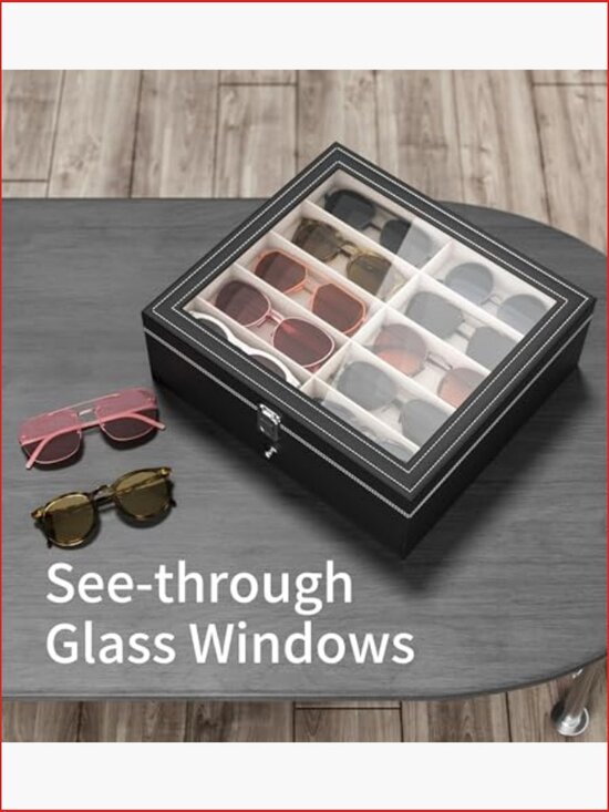 20 Slots Sunglass Organizer - PU Leather, Velvet Interior, UV-Blocking Lid main image 5